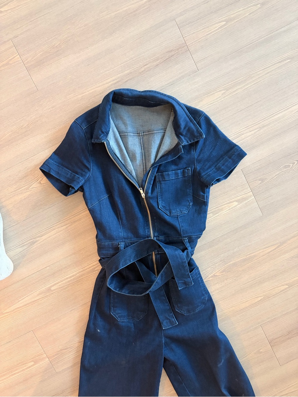 Maeve Denim Short-Sleeve Jumpsuit with Belt - Navy - Picture 3 of 7